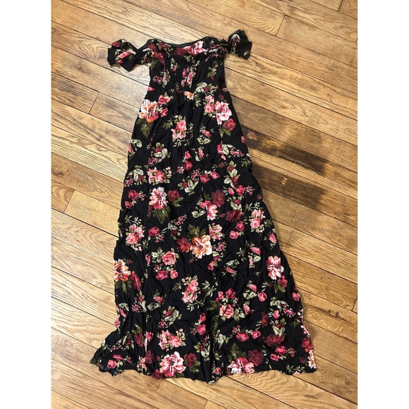 Ambiance Floral Maxi Dress Off Shoulder Ruffle Sleeves Black Pink S - Picture 2 of 4